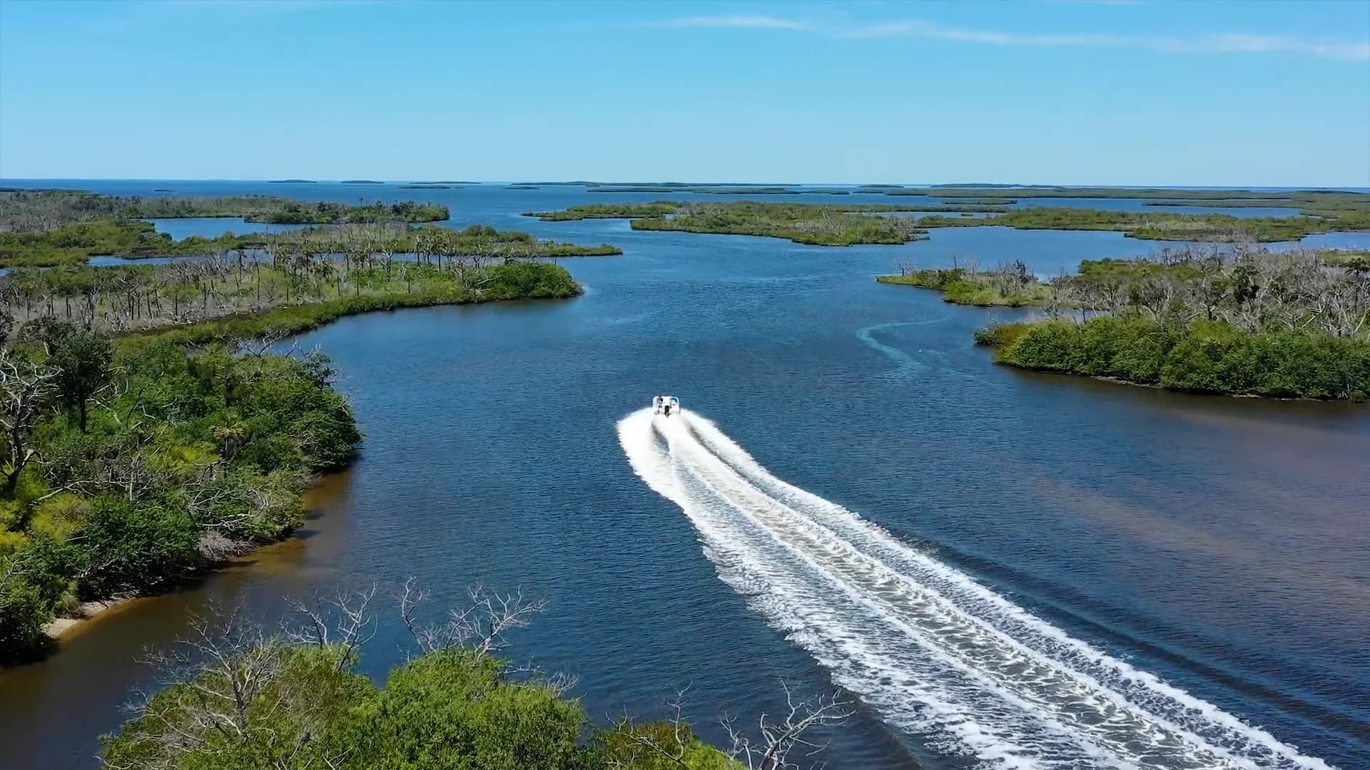 Aerial view of charter boat navigating mangrove channels