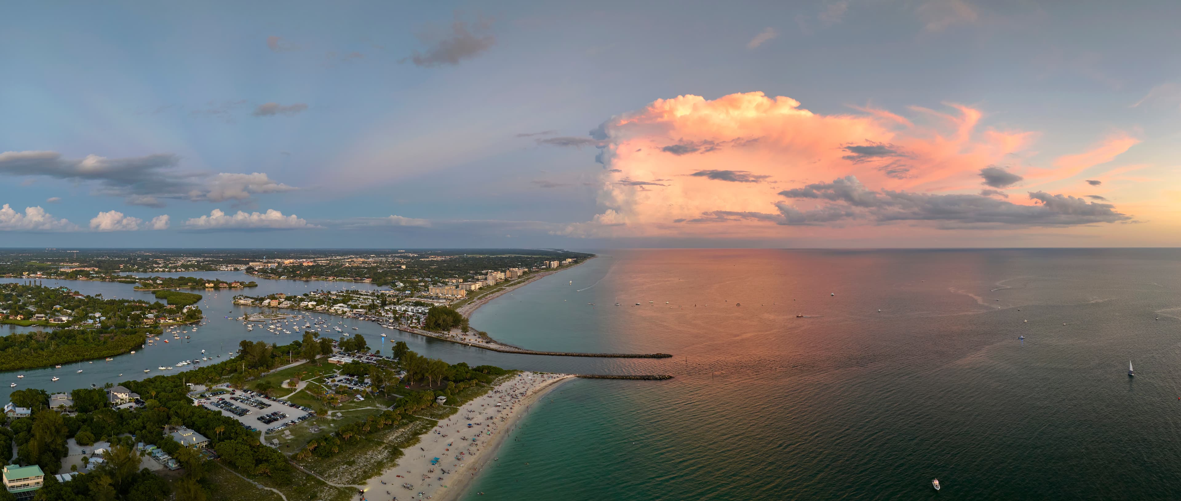 Aerial drone view of the Florida coast at sunset